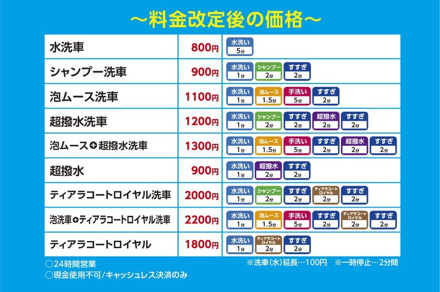 【A PIT東雲】セルフ洗車料金改定のお知らせ